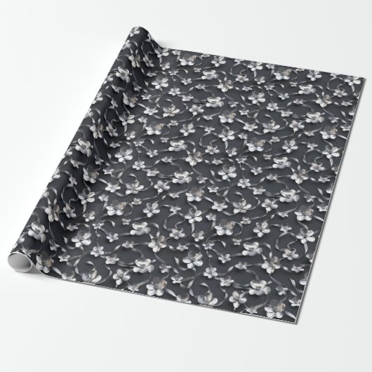 Silver Black Floral 25e bruiloft Jubileum Cadeaupapier (Uitgerold)