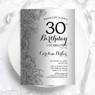 Silver Black Floral 30th Birthday Party Kaart