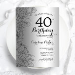 Silver Black Floral 40th Birthday Party Kaart<br><div class="desc">Silver Black Floral 40th Birthday Party Invitation. Minimalistisch modern ontwerp met botanische contouren en lettertype typografiescript. Eenvoudige trendy nodigt een perfecte kaart uit voor een stijlvolle feestdag in het vrouw. Kan op elke leeftijd worden aangepast. Uitnodigingen op Zazzle afdrukken of sjabloon voor digitaal afdrukken direct downloaden.</div>