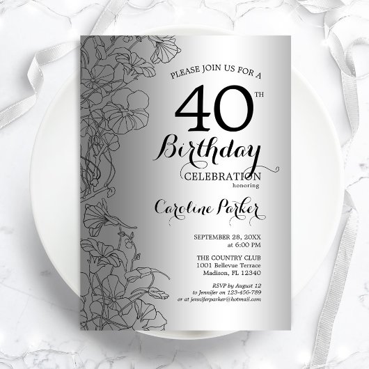 Silver Black Floral 40th Birthday Party Kaart