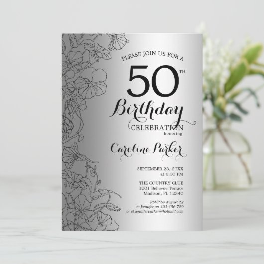 Silver Black Floral 50th Birthday Party Kaart (Staand voorkant)