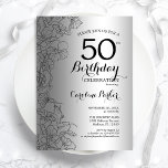 Silver Black Floral 50th Birthday Party Kaart<br><div class="desc">Silver Black Floral 50th Birthday Party Invitation. Minimalistisch modern ontwerp met botanische contouren en lettertype typografiescript. Eenvoudige trendy nodigt een perfecte kaart uit voor een stijlvolle feestdag in het vrouw. Kan op elke leeftijd worden aangepast. Uitnodigingen op Zazzle afdrukken of sjabloon voor digitaal afdrukken direct downloaden.</div>