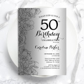 Silver Black Floral 50th Birthday Party Kaart