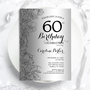 Silver Black Floral 60th Birthday Party Kaart