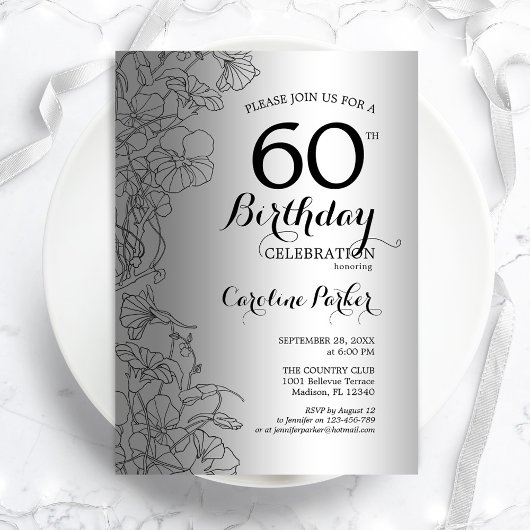 Silver Black Floral 60th Birthday Party Kaart