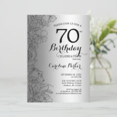 Silver Black Floral 70th Birthday Party Kaart (Staand voorkant)