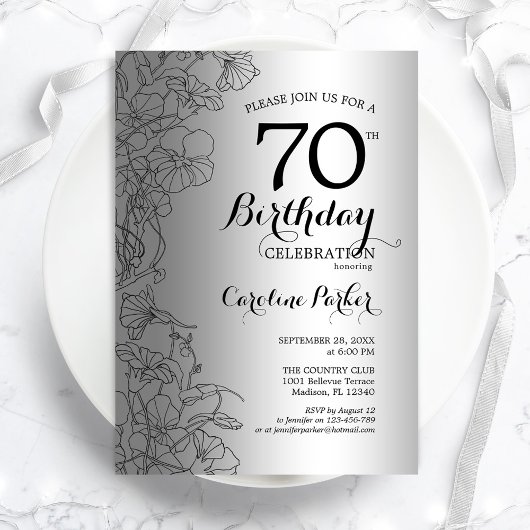 Silver Black Floral 70th Birthday Party Kaart