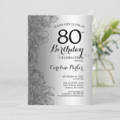 Silver Black Floral 80th Birthday Party Kaart (Staand voorkant)