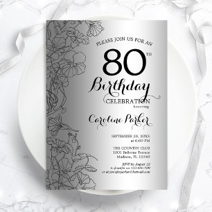 Silver Black Floral 80th Birthday Party Kaart