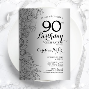 Silver Black Floral 90th Birthday Party Kaart