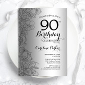 Silver Black Floral 90th Birthday Party Kaart