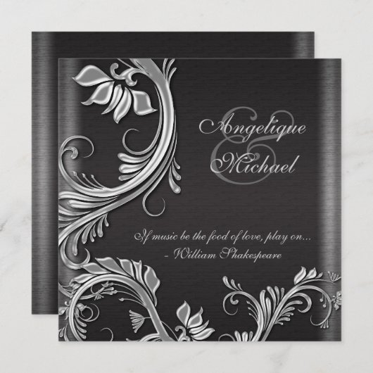 Silver Black floral bruiloft verloving Kaart (Voorkant / Achterkant)
