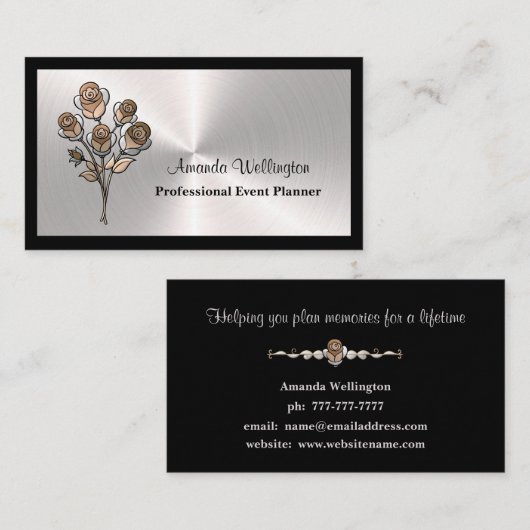 Silver & Black Floral Event Planner Business Card Visitekaartje (Voorkant / Achterkant)