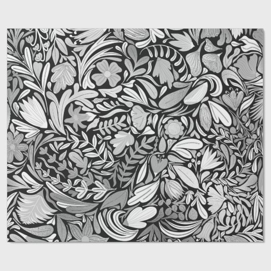 Silver Black Floral Leaves Illustration Pattern Cadeaupapier (Vlak)