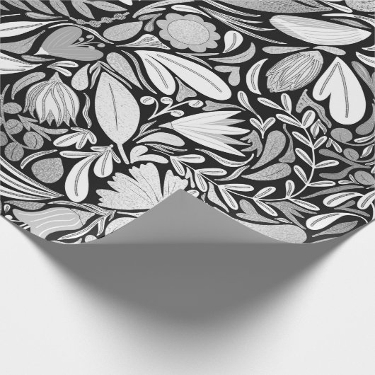 Silver Black Floral Leaves Illustration Pattern Cadeaupapier (Hoek)