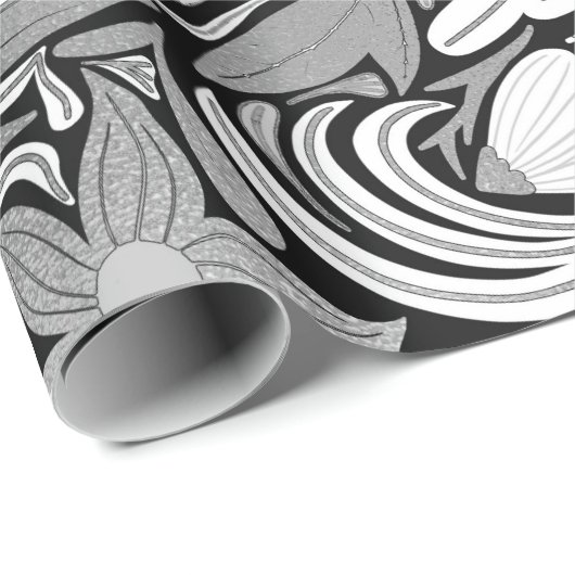 Silver Black Floral Leaves Illustration Pattern Cadeaupapier (Rol Hoek)