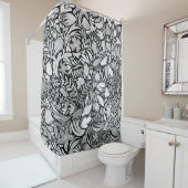 Silver Black Floral Leaves Illustration Pattern Douchegordijn (In situ)