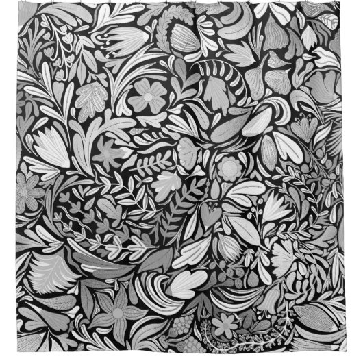 Silver Black Floral Leaves Illustration Pattern Douchegordijn (Voorkant)
