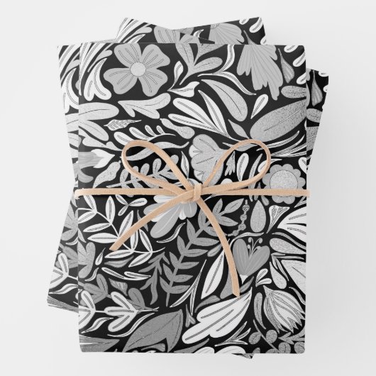 Silver Black Floral Leaves Illustration Pattern Inpakpapier Vel (In situ)