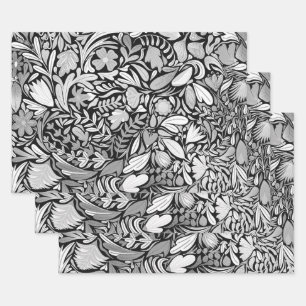Silver Black Floral Leaves Illustration Pattern Inpakpapier Vel