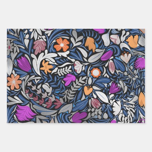 Silver Black Floral Leaves Illustration Pattern Inpakpapier Vel (Voorkant 3)