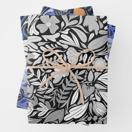 Silver Black Floral Leaves Illustration Pattern Inpakpapier Vel (In situ)