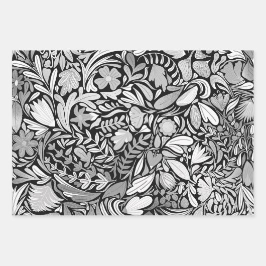Silver Black Floral Leaves Illustration Pattern Inpakpapier Vel (Voorkant)