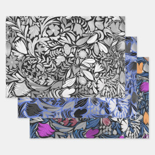 Silver Black Floral Leaves Illustration Pattern Inpakpapier Vel
