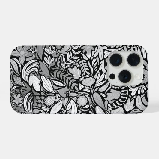 Silver Black Floral Leaves Illustration Pattern iPhone Hoesje (Achterkant horizontaal)