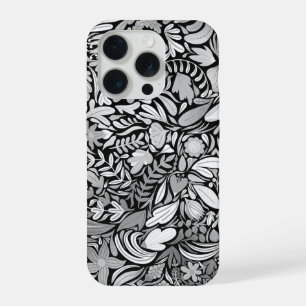 Silver Black Floral Leaves Illustration Pattern iPhone 15 Pro Case