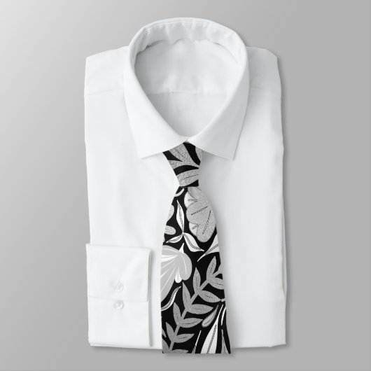 Silver Black Floral Leaves Illustration Pattern Stropdas (Gebonden)