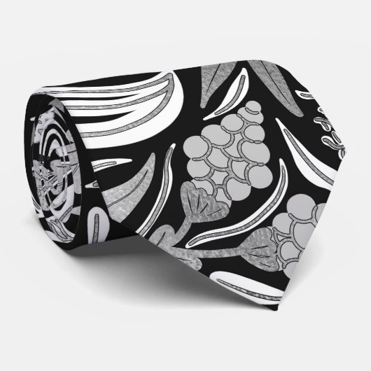 Silver Black Floral Leaves Illustration Pattern Stropdas (Opgerold)