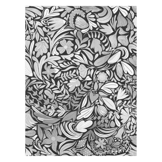 Silver Black Floral Leaves Illustration Pattern Tafelkleed (Voorkant)