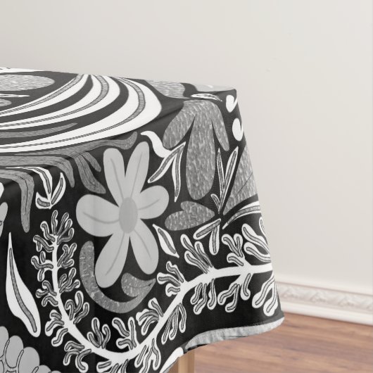Silver Black Floral Leaves Illustration Pattern Tafelkleed (Voorbeeld)