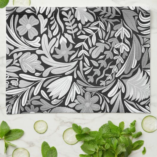 Silver Black Floral Leaves Illustration Pattern Theedoek (Gevouwen)