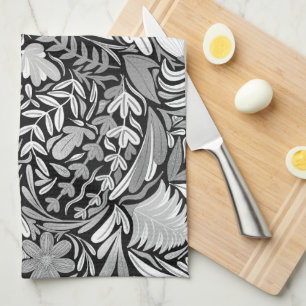 Silver Black Floral Leaves Illustration Pattern Theedoek