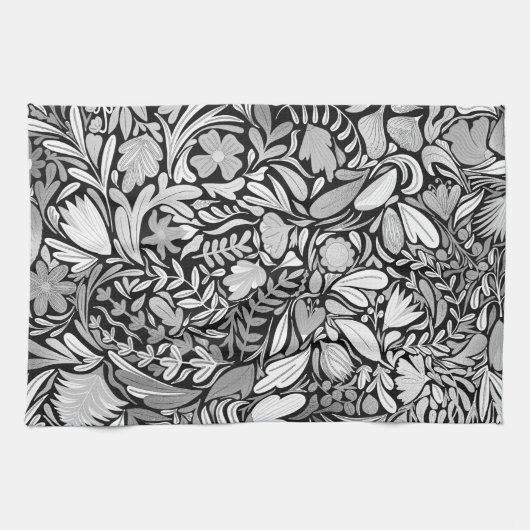 Silver Black Floral Leaves Illustration Pattern Theedoek (Horizontaal)