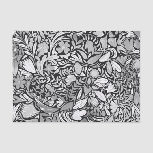 Silver Black Floral Leaves Illustration Pattern Tissuepapier (Voorkant)