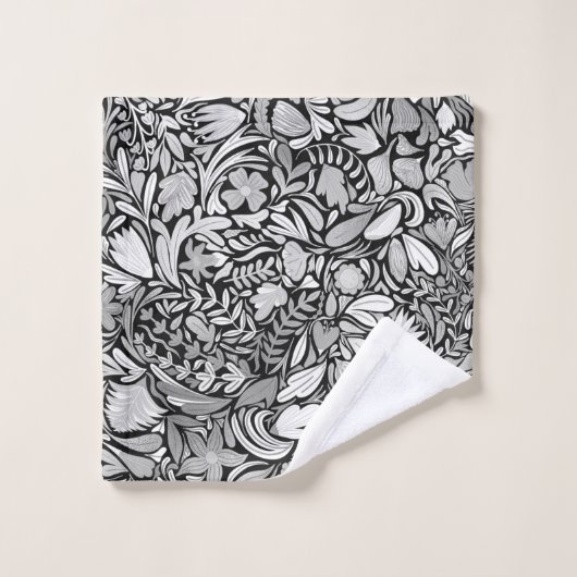 Silver Black Floral Leaves Illustration Pattern Washandje (Wasdoekje)