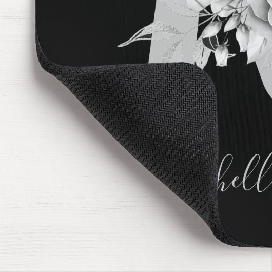 Silver Black Floral Waterverf Monogram Muismat (Hoek)