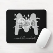 Silver Black Floral Waterverf Monogram Muismat (Met muis)