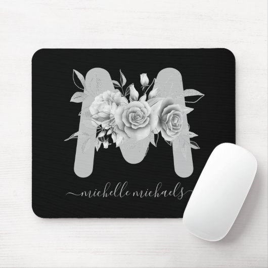 Silver Black Floral Waterverf Monogram Muismat (Met muis)