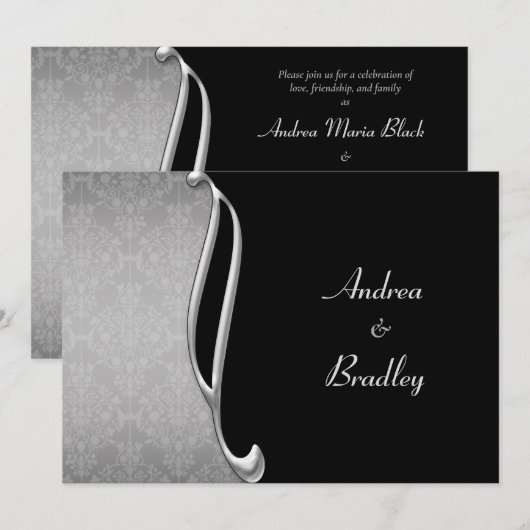  Silver Black Flourish Wedding Invite Kaart (Voorkant / Achterkant)