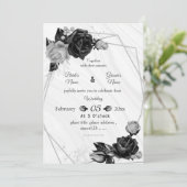 silver & black flowers botanical geometric wedding kaart (Staand voorkant)