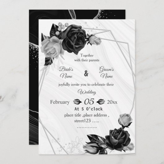 silver & black flowers botanical geometric wedding kaart (Voorkant / Achterkant)
