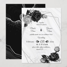 silver & black flowers botanical geometric wedding kaart