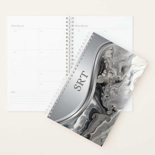 Silver Black Fluid Art Metal Monogrammed Planner (Display)