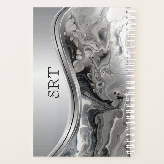 Silver Black Fluid Art Metal Monogrammed Planner (Achterkant)