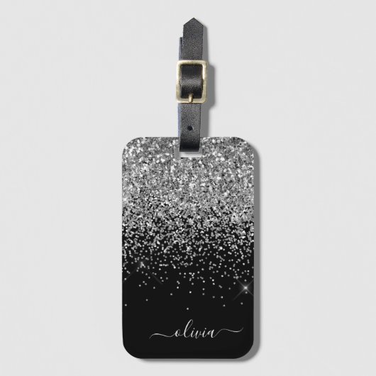 Silver Black Girly Glitter Sparkle Monogram Name Bagagelabel (Voorkant (verticaal))