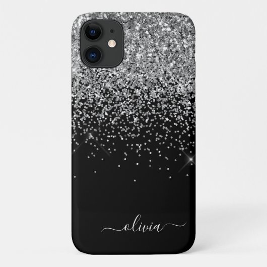 Silver Black Girly Glitter Sparkle Monogram Name Case-Mate iPhone Case (Achterkant)